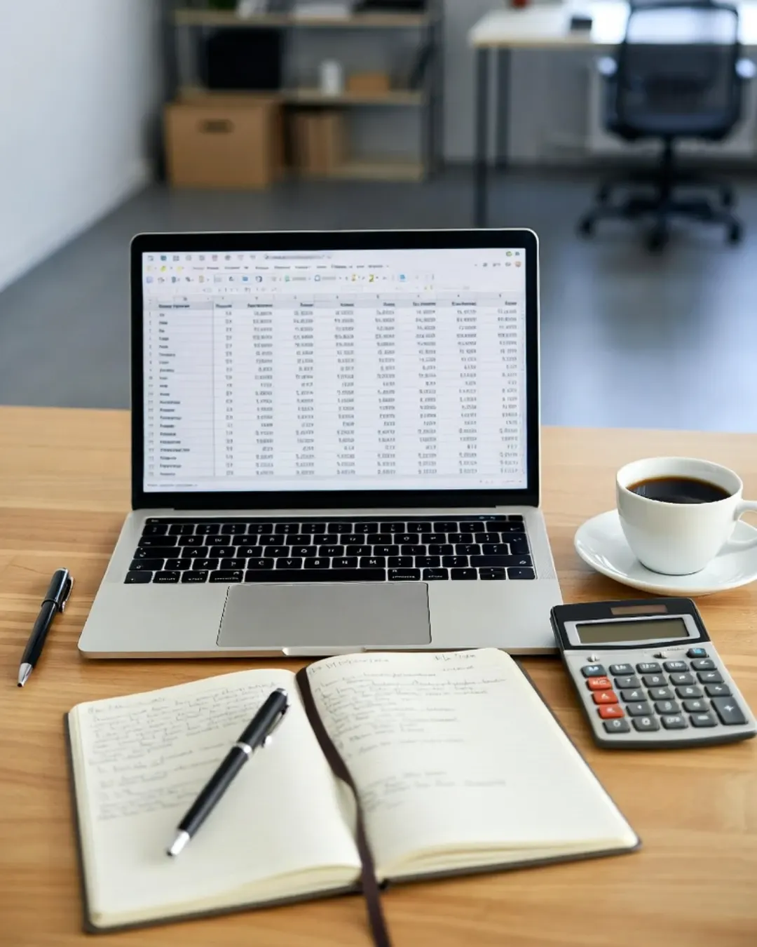 Laptop, coffee, notebook, calculator on desk