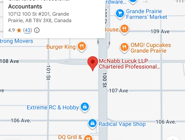 Map showing McNabb Lucuk LLP, 201 10712 100 Street, Grande Prairie AB